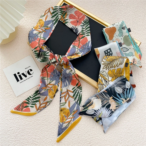 Elegant Skinny Polyester Satin Scarf For Women Floral Print Twilly Ribbon For Hair And Bag Handle Decoration Accessory