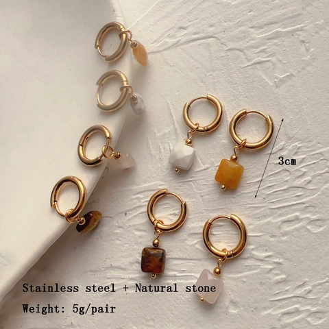 Stainless Steel Natural Stone Square Pendant Hoop Earrings 18K Gold Plated Geometric Fashion Jewelry For Women