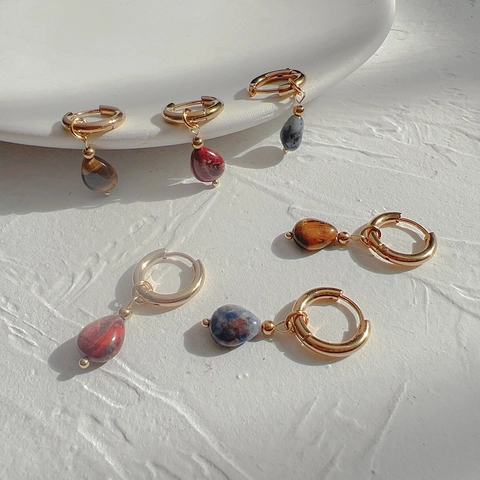 Orecchini A Cerchio Pendenti Con Goccia In Pietra Naturale Vintage Acciaio Inossidabile Placcato Oro 18K Agata Occhio Di Tigre