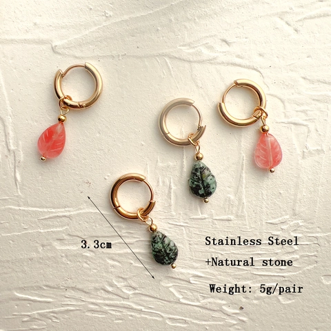 Naturstein Blatt Anhänger Hoop Ohrringe Edelstahl 18K Vergoldet Französischer Stil Einfacher Ins Schmuck Für Damen