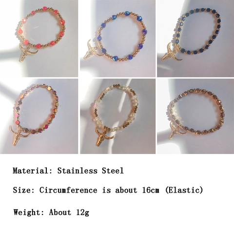 Bohemian Beaded Bracelet With Stainless Steel Bull Head Charm Colorful Crystal Glass Beads Elastic Vintage For Women