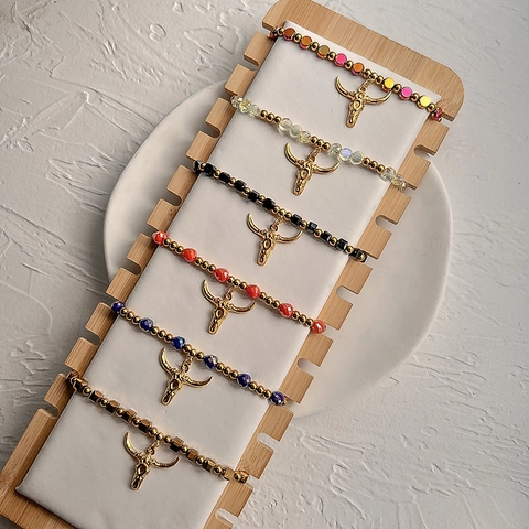 Bohemian Beaded Bracelet With Stainless Steel Bull Head Charm Colorful Crystal Glass Beads Elastic Vintage For Women