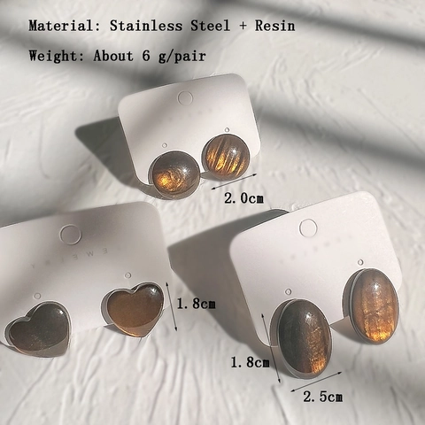 Vintage Hart Ronde Ovale Oorknopjes Roestvrij Staal Hars Amber Zonnesteen Effect Minimalistische Mode Sieraden Voor Vrouwen
