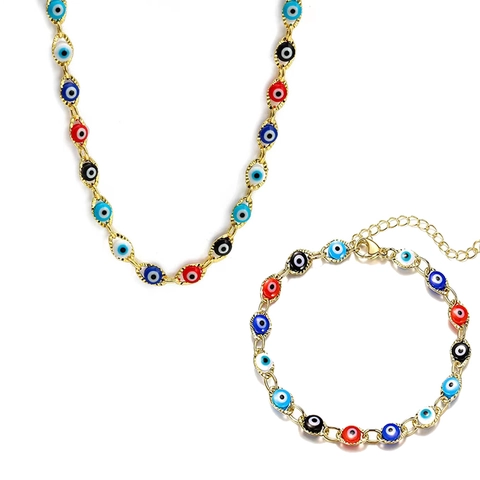 Acciaio Inossidabile Turco Malocchio Collana Bracciale Cavigliera Placcato Oro Perline Multicolori Boho Etnico Per Donne