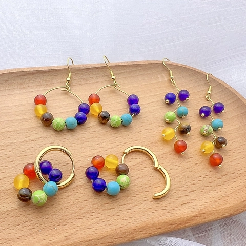 Pendientes Chakra Para Mujer Acero Inoxidable Cuentas De Piedra Natural Yoga Meditación Joyería Tono Dorado
