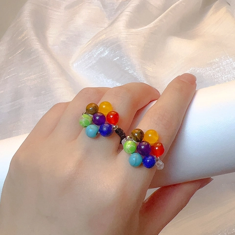 Handgefertigter Perlenring Mehrfarbig Chakra Blume Kristallstein Elastische Schnur Boho Stil Schmuck Für Damen