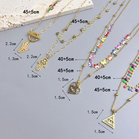 Double Layer Necklace Stainless Steel 18K Gold Plated Hamsa Hand Evil Eye Butterfly Heart Pendant Enamel Boho For Women