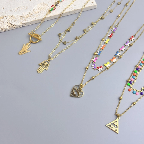 Double Layer Necklace Stainless Steel 18K Gold Plated Hamsa Hand Evil Eye Butterfly Heart Pendant Enamel Boho For Women