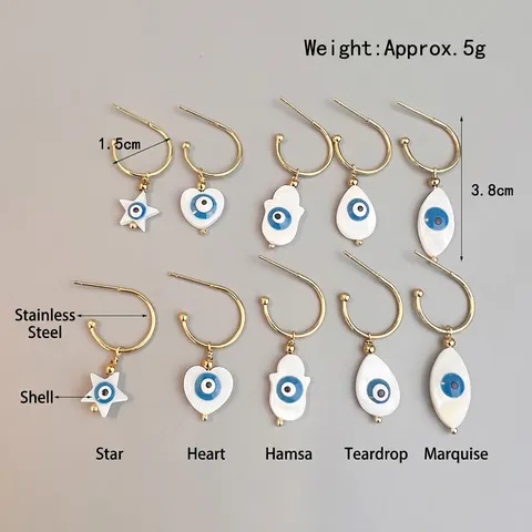 Evil Eye Hoop Earrings Stainless Steel Gold Plated Mother Of Artificial Pearl Shell Hamsa Hand Star Heart For Women Bohemian Ethnic