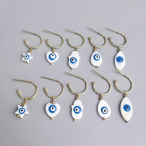 Evil Eye Hoop Earrings Stainless Steel Gold Plated Mother Of Artificial Pearl Shell Hamsa Hand Star Heart For Women Bohemian Ethnic