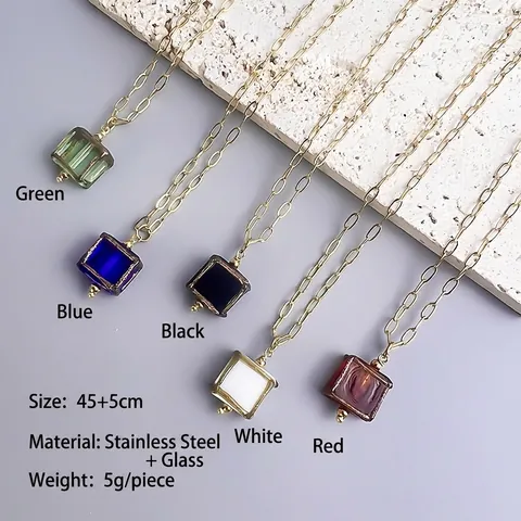 Vintage Square Glass Pendant Necklace For Women Stainless Steel 18K Gold Plated Retro Ins Style Colored Glaze Jewelry