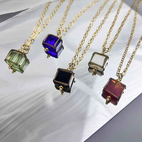 Vintage Square Glass Pendant Necklace For Women Stainless Steel 18K Gold Plated Retro Ins Style Colored Glaze Jewelry