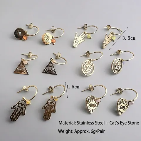 Evil Eye Hamsa Hand Hängeohrringe Edelstahl Vergoldet Katzenauge Stein Böhmischer Schmuck Für Frauen