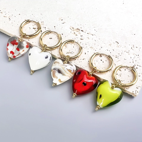 Orecchini Pendenti A Cuore Acciaio Inossidabile Vetro Lampwork Colorato Design Di Nicchia Vintage Francese Per Donne