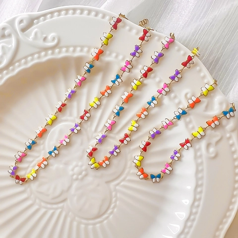 Stainless Steel Colorful Enamel Butterfly Jewelry Set Multi-color Gold Plated Necklace Bracelet Anklet For Women