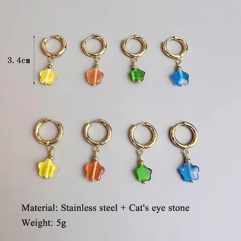 Minimalistische Bloem Ster Hanger Hoop Oorbellen Roestvrij Staal Kattenoogsteen Zoete Sieraden Voor Dames