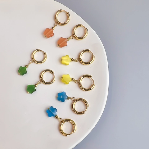 Minimalistische Bloem Ster Hanger Hoop Oorbellen Roestvrij Staal Kattenoogsteen Zoete Sieraden Voor Dames