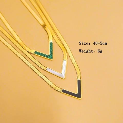 Stainless Steel V Shape Mother Of Artificial Pearl Pendant Necklace Gold Plated Flat Snake Bone Chain For Women Elegant Jewelry