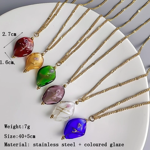 Collar Con Colgante De Hoja Chapado En Oro De 18K Acero Inoxidable Vidrio De Color Patrón Floral Joyería Para Mujer