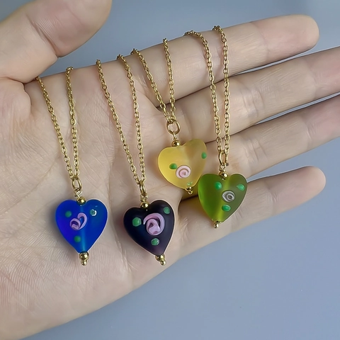 Vintage Heart Rose Flower Pendant Necklace Stainless Steel Chain Coloured Glaze Matte Aesthetic Jewelry For Women