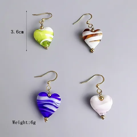Orecchini Pendenti Cuore Vetro Lampwork Con Ganci In Acciaio Inossidabile Motivo Inchiostro Colorati Gioielli Donna