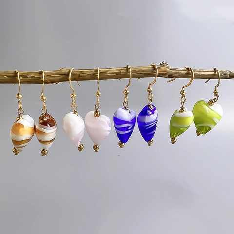 Orecchini Pendenti Cuore Vetro Lampwork Con Ganci In Acciaio Inossidabile Motivo Inchiostro Colorati Gioielli Donna