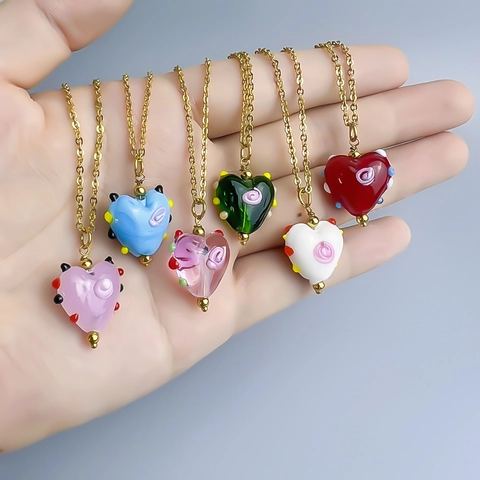 Koreaanse Zoete Dopamine Gekleurde Hart Lampglas Roos Hanger Halsketting Roestvrij Staal Sieraden Voor Vrouwen Dagelijks Feest