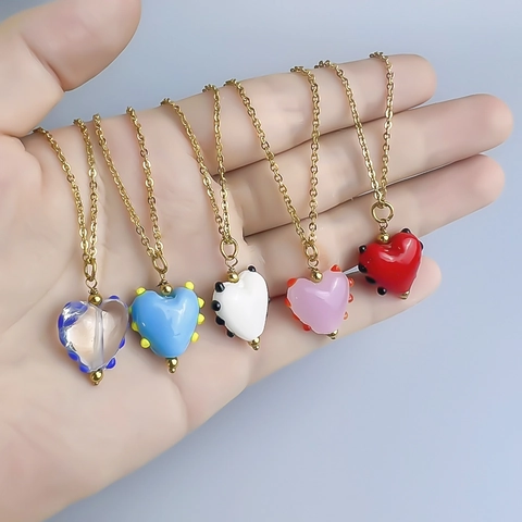Collana Con Ciondolo A Cuore Macaron Dolce Acciaio Inossidabile Vetro Lampwork Pois Gioielli Moda Per Donna