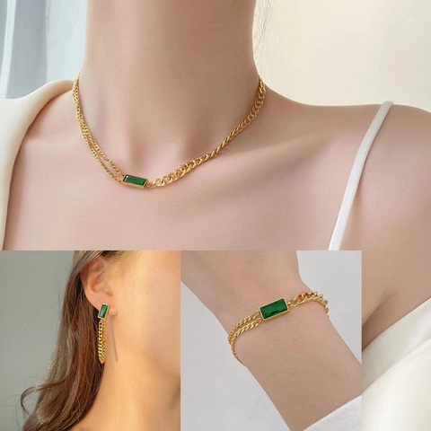 Gioielli Collana Doppia Catena Bracciale Orecchini Acciaio Inossidabile Placcato Oro Zircone Quadrato Verde Smeraldo Donna