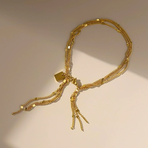 Pulsera De Cadena Multicapa De Acero Inoxidable Para Mujer Con Borla Lentejuelas Redondas Placa Rectangular Joya Bañada En Oro 18K