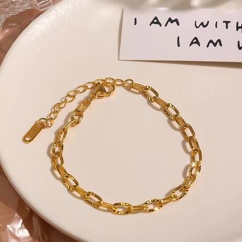 Minimalist 18K Gold Plated Stainless Steel Bracelet For Women Textured Oval Link Chain Adjustable Fashion Jewelry
