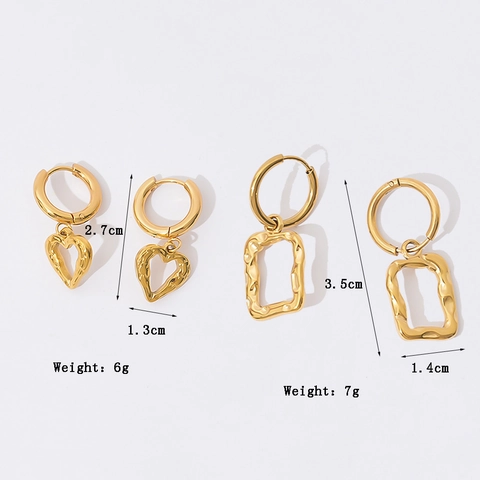 French Vintage Stainless Steel Hoop Earrings Hammered Texture Hollow Heart Geometric Artistic Frame For Women