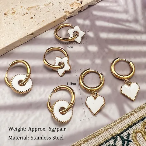 Orecchini a Cerchio in Acciaio Inossidabile Smaltato Vintage Francese per Donna Gioielli Placcati in Oro con Cuore Stella