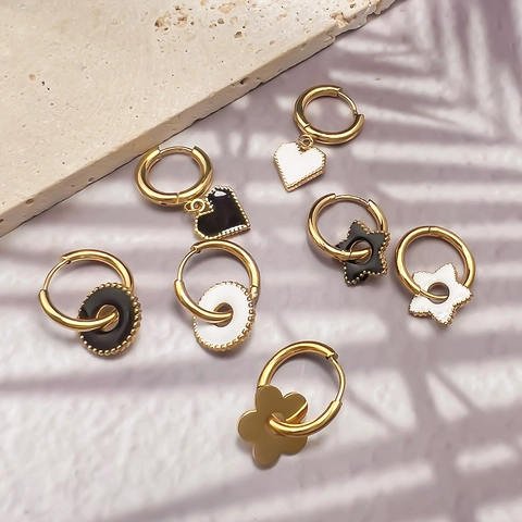 Orecchini a Cerchio in Acciaio Inossidabile Smaltato Vintage Francese per Donna Gioielli Placcati in Oro con Cuore Stella