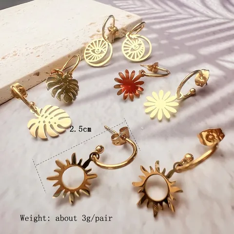Pendientes Colgantes Acero Inoxidable Chapado Oro 18K Minimalista Sol Ojo Turco Hoja Monstera Margarita Para Mujeres