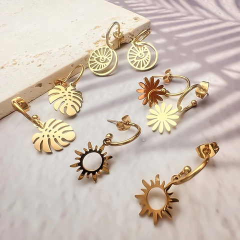 Pendientes Colgantes Acero Inoxidable Chapado Oro 18K Minimalista Sol Ojo Turco Hoja Monstera Margarita Para Mujeres