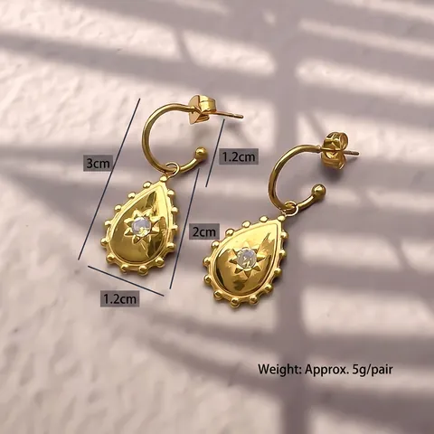 Teardrop Drop Ohrringe Edelstahl 18K Vergoldet Achtzackiger Stern Zirkon Inlay Retro Vintage Für Frauen