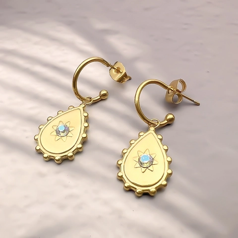 Teardrop Drop Ohrringe Edelstahl 18K Vergoldet Achtzackiger Stern Zirkon Inlay Retro Vintage Für Frauen
