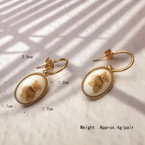 Cute Brown Bear Oval Dangle Earrings Retro Gold Plated Stainless Steel Beaded Edge Enamel Style Drop Ear Jewelry For Women
