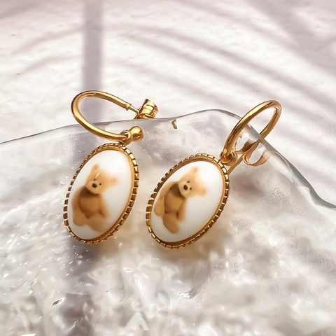 Cute Brown Bear Oval Dangle Earrings Retro Gold Plated Stainless Steel Beaded Edge Enamel Style Drop Ear Jewelry For Women