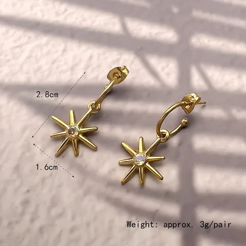 Eight Pointed Star Drop Earrings 18K Gold Plated Stainless Steel With Iridescent Zircon Minimalist Jewelry For Women