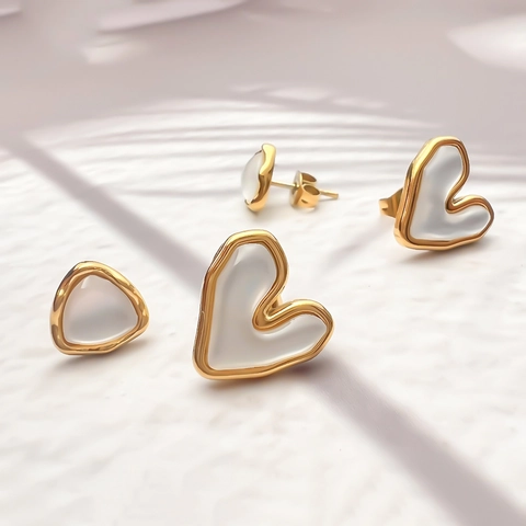 Heart Triangle Geometric Stud Earrings Stainless Steel With Faux Cat Eye Stone Elegant French Vintage Style For Women