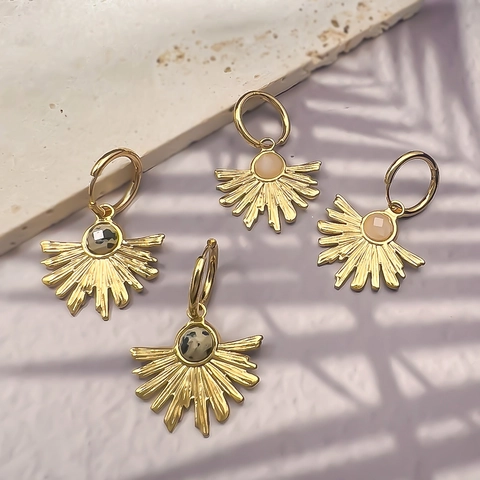 Sonnenstrahl Anhänger Ohrringe 18K Vergoldet Edelstahl Naturstein Französisch Vintage Fächer Ohrhänger Creolen Damen