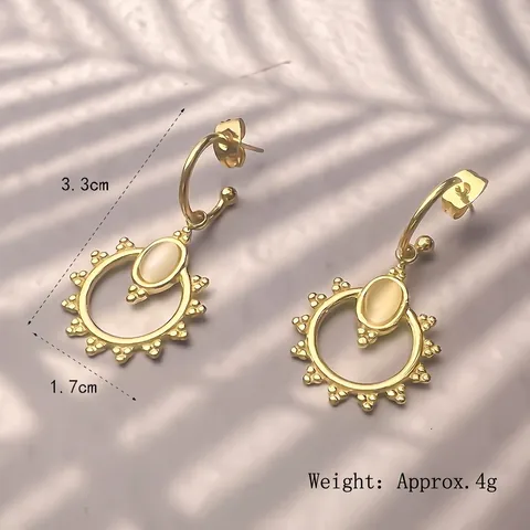 Ohrhänger Für Damen 18K Vergoldeter Edelstahl Ovaler Katzenaugenstein Sonnenblume Retro Boho Schmuck