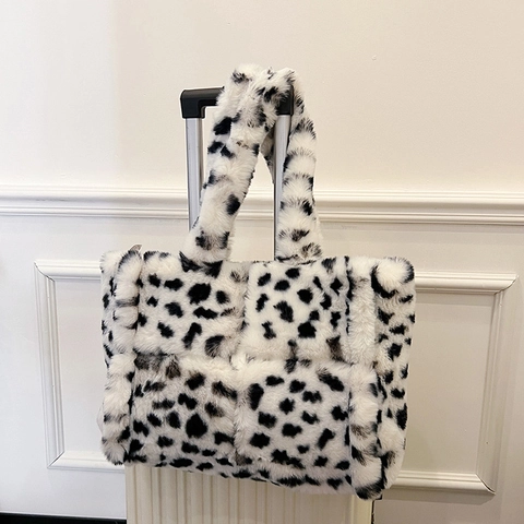 Sac Cabas Femme En Fausse Fourrure Peluche Matelassé Imprimé Animal Vache Léopard Grand Doux Hiver