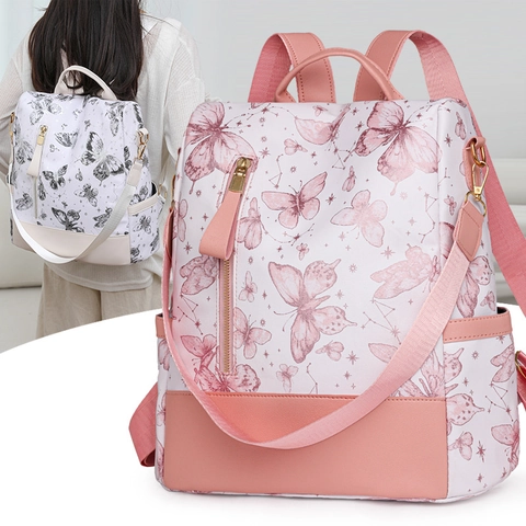 Sac À Dos En Cuir PU Imprimé Papillon Pour Femmes Imperméable Multi-poches Tendance Style Vintage Sac École Voyage