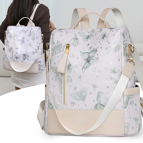 Sac À Dos En Cuir PU Imprimé Papillon Pour Femmes Imperméable Multi-poches Tendance Style Vintage Sac École Voyage