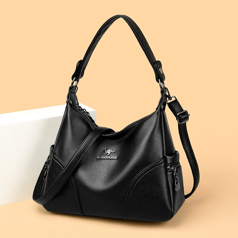 Women's Large Capacity PU Leather Shoulder Bag Elegant Lychee Grain Handbag Multi-Zipper Crossbody Bag With Adjustable Strap