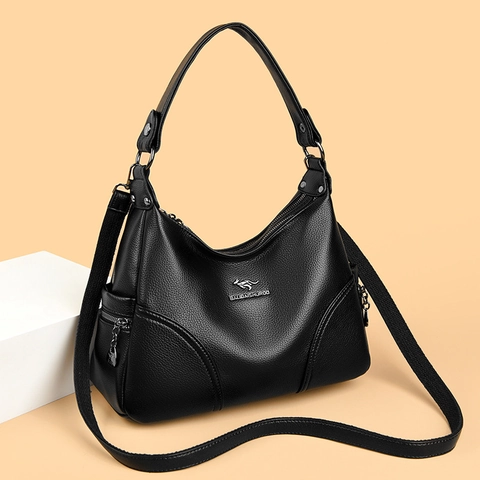 Women's Large Capacity PU Leather Shoulder Bag Elegant Lychee Grain Handbag Multi-Zipper Crossbody Bag With Adjustable Strap