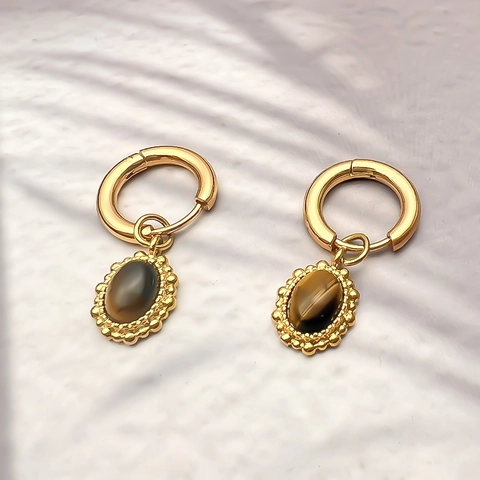 Vintage Tigerauge Stein Hoop Drop Ohrringe Edelstahl 18K Vergoldet Scalloped Rand Boho Mode Schmuck Damen